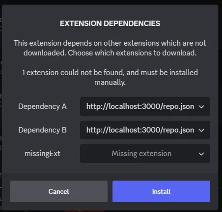 A screenshot of the dependency prompt in Moonbase after installing an extension