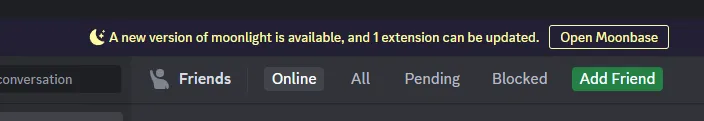 A screenshot of a banner at the top of the Discord client, showing that moonlight can be updated and 1 extension update is available